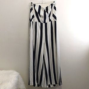 H&M Size 14‎ Blue & White Stripe Strapless Jumpsuit Wide Leg Belted Zip B…